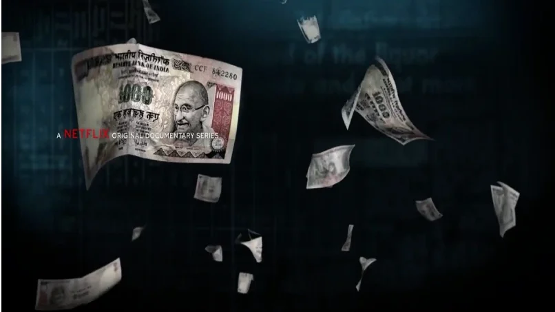 'Bad Boy Billionaires' title sequence still frame of banknotes falling through the air against a dark blue background.