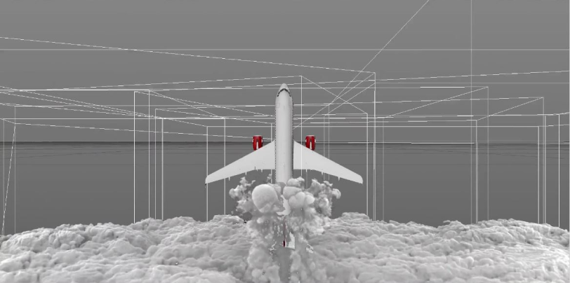 Wireframe of a plane flying through a wall of clouds.