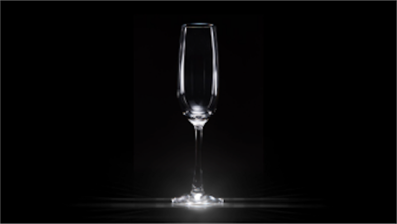 'Bad Boy Billionaires' title sequence style frame 3: champagne glass centred on a black background.