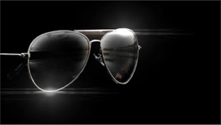 'Bad Boy Billionaires' title sequence style frame 7: pair of aviator sunglasses against a black background.