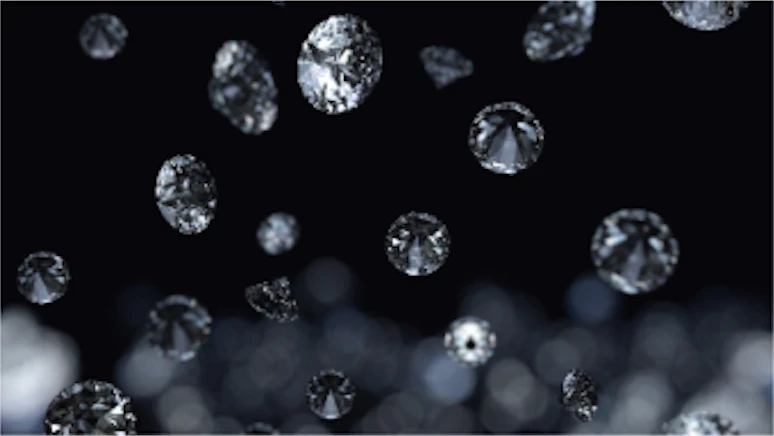 'Bad Boy Billionaires' title sequence style frame 9: diamonds falling through the air on a black background