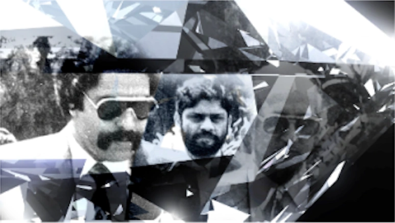 'Bad Boy Billionaires' title sequence style frame 10: close up of a diamond with multiple black and white images in its reflection. The largest image is a close up of two Indian men standing next to each other.
