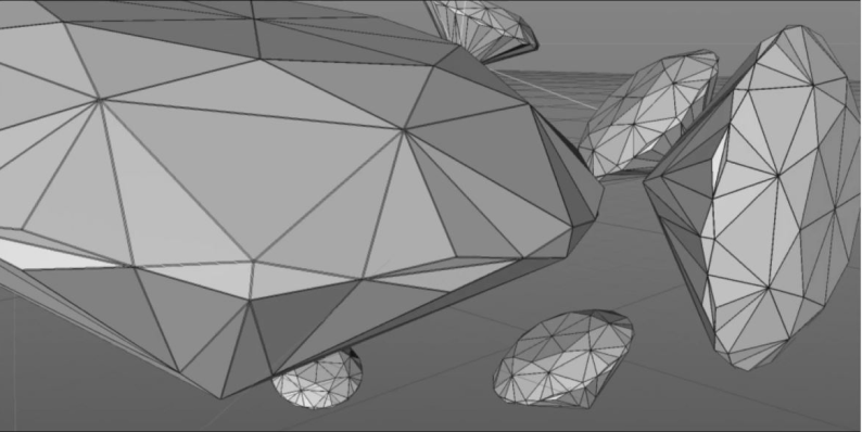 Zoomed in wireframe of falling diamonds.