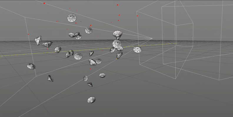 Zoomed out wireframe of falling diamonds.