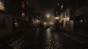 Still frame from our 'Time After Time' VR for ABC Studios. A CGI, dimly lit 1800's London street.