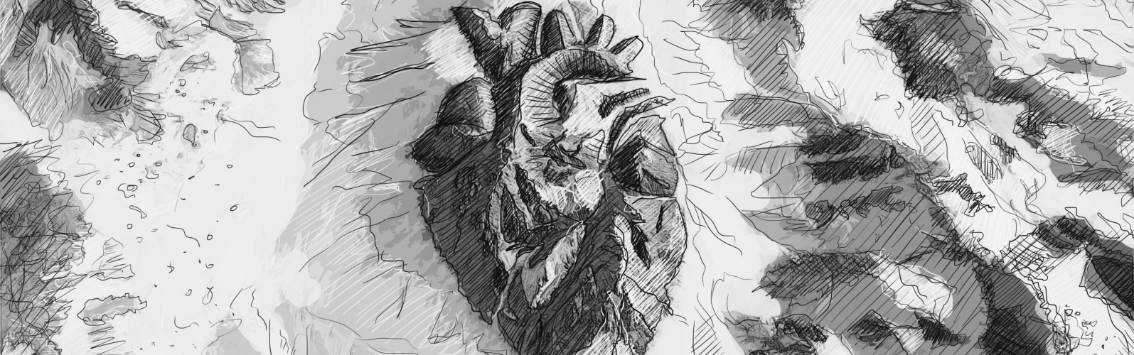Greyscale digital sketch of mountain rocks carved into the shape of a realistic heart, from our 'Go Deeper' launch film.