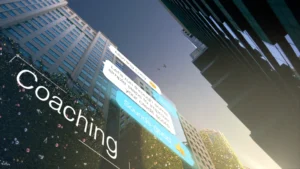 Still frame from our 'For Free. Forever' launch film for ClearScore. Text bubbles float in the air between skyscrapers.