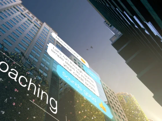 Still frame from our 'For Free. Forever' launch film for ClearScore. Text bubbles float in the air between skyscrapers.