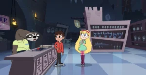 Still frame from our 360 animation for Disney XD's 'Star vs the Forces of Evil'. Characters Star and Marco stand in a dark and eerie shop, with a sloth store clerk behind the front desk.