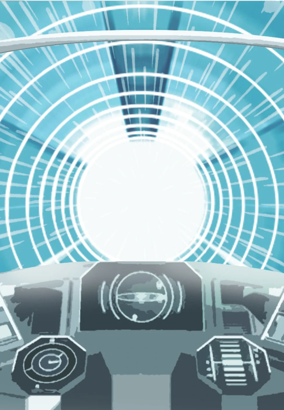Initial design idea for the inside dashboard of the pod vehicle, shown driving forward into a blue tunnel.