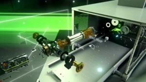 Still frame from SCIEX's launch film for the Zeno TOF 7600. Close up shot of the Zeno TOF 7600's inside mechanisms, the pieces starting to explode outwards.