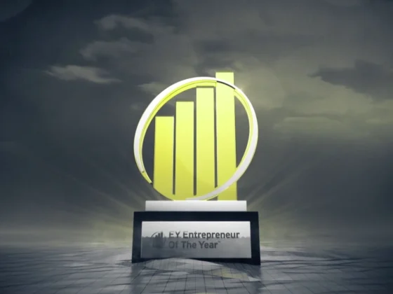 Cover image from our titles and graphics for EY's Entrepreneur of the Year 2015, showing EY's award against a grey, cloudy background.
