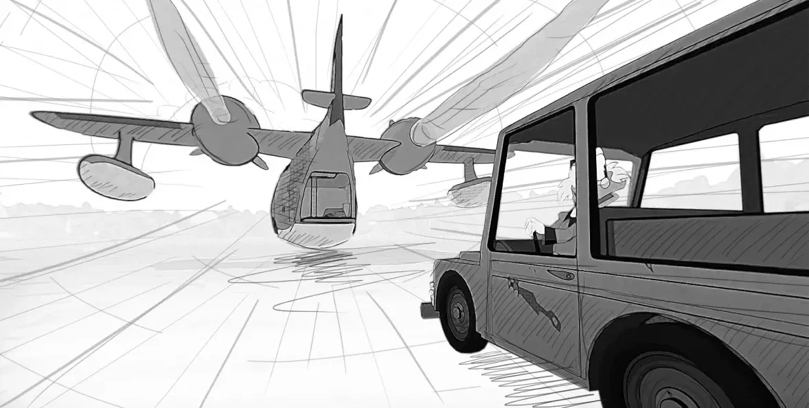 Black and white design keyframe of Scrooge McDuck's car driving towards a plane.