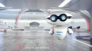 Still frame from our 'Go Beyond' animated, interactive video for Nexans. The Nexans robot we designed, 'Ena' is shown in Nexans virtual hub, where the interactive video begins.