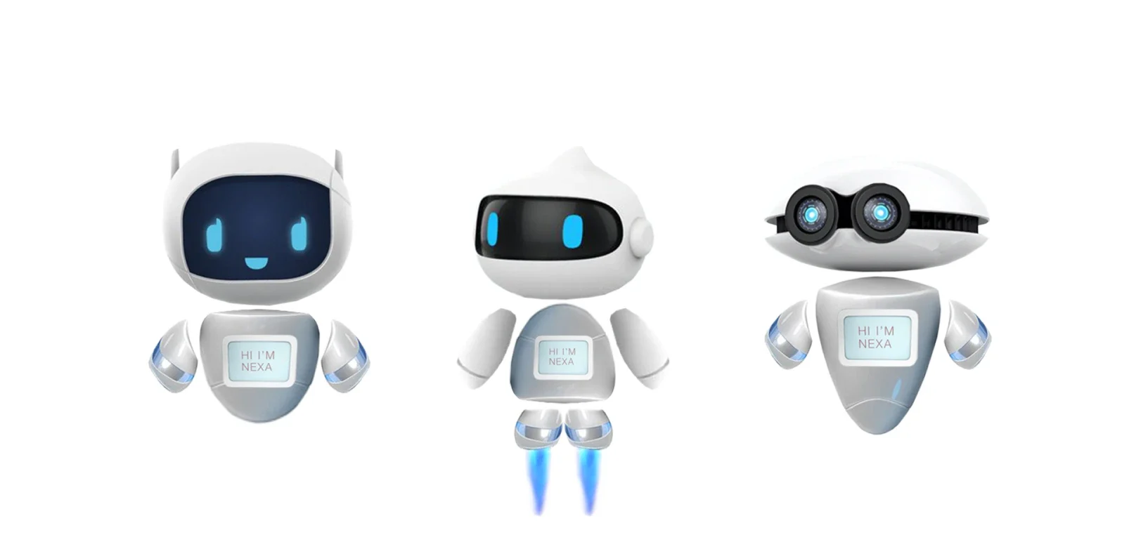 Three fully rendered design options for Ena. The design we chose is on the far right, with the other two having bigger faces, different shaped bodies and more visible boosters.