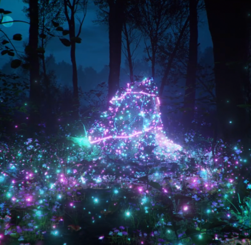 Still frame from our 'Go Deeper' launch film showing purple and blue lights covering a photorealistic animated forest floor at night time.