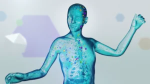 Still frame from our 'Gut Matters' TVC for Symprove. An animated, transparent person is being lit up blue from the inside, representing good bacteria from the gut microbiome nourishing the whole body.