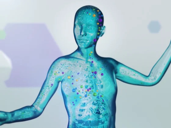 Still frame from our 'Gut Matters' TVC for Symprove. An animated, transparent person is being lit up blue from the inside, representing good bacteria from the gut microbiome nourishing the whole body.