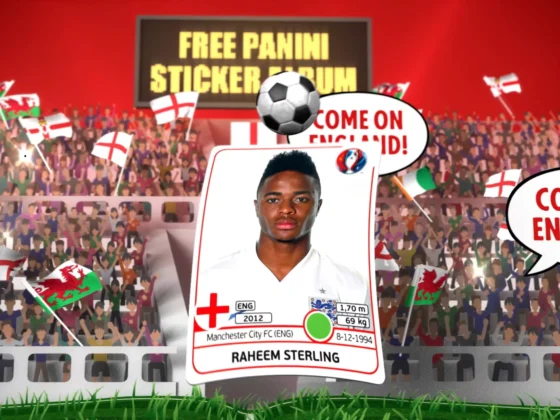 Still frame from our 'Goals' TVC for The Sun. Animated football stadium with a collectable sticker of Raheem Stirling in the centre. The sticker is surrounded by cheering fans saying 'Come on England' in speech bubbles, and a sign saying 'Free Panini Sticker Album'.