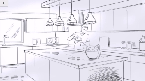 Storyboard frame of City Index TVC scene 1. A man stands in his kitchen and pours himself a cup of coffee.