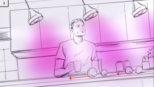 Storyboard frame for City Index TVC scene 3: The man looks up at his kitchen lights, which have started emitting a pink light and whose gravity has shifted to the right.