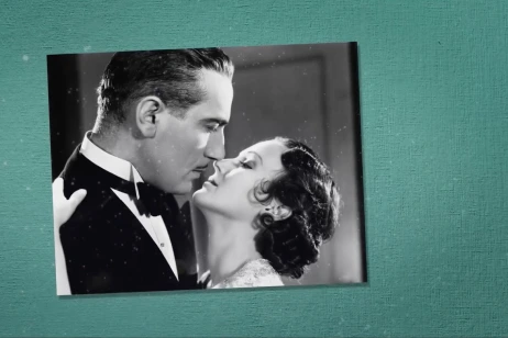 Social media asset for ClearScore. Black and white photo of an old fashioned couple embracing. Photo is on a turquoise background.