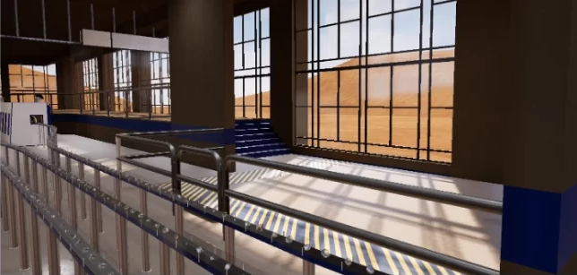 Still frame from De Beers virtual space, showing an operational room/warehouse for their virtual store. An empty room with metal railings and big windows.