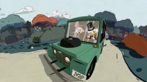 Still frame from our 360 DuckTales animation. Scrooge McDuck is driving a green car looking mischievous, with his grandnephews in the back seat.