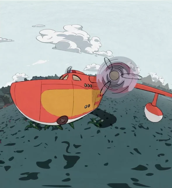 Still frame from 'The Lost Key of Tralla La' showing Scrooge McDuck's red escape plane.