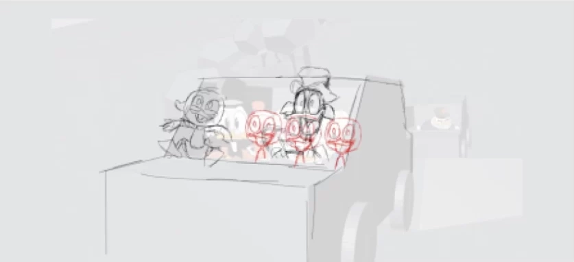 Scamped storyboard frame of the DuckTales characters sat in a car.