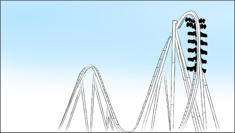 News International sketched storyboard 3: Zoomed out shot of the rollercoaster seats going down a big drop