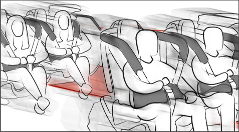 News International storyboard sketch 4: Close up shot of people in their seats moving fast down the big drop.