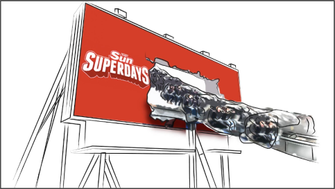 News International storyboard sketch 8: rollercoaster rips through a 'The Sun' Superdays billboard.