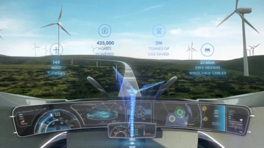 Final still frame of Australian windfarms animated environment. View is from inside the pod vehicle, with blue graphics showing relevant stats about Nexans cables also on screen.