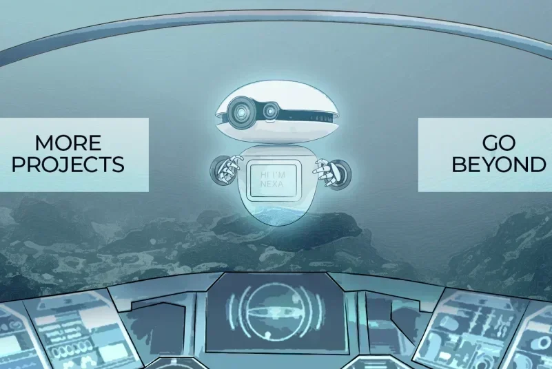 Storyboard design of 'Ena', shown floating outside the window of the pod vehicle, with two clickable buttons either side of her that read 'More Projects' or 'Go Beyond'.