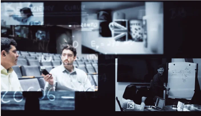 Still frame from The Pursuit launch film. Collage of video clips, this time of scientists working e.g. in their lab, their office, in a lecture theatre.