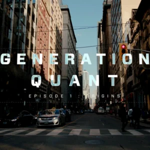 Generation Quant, episode 1 still frame. Series title overlayed over the shot of a Toronto road with tall buildings either side.