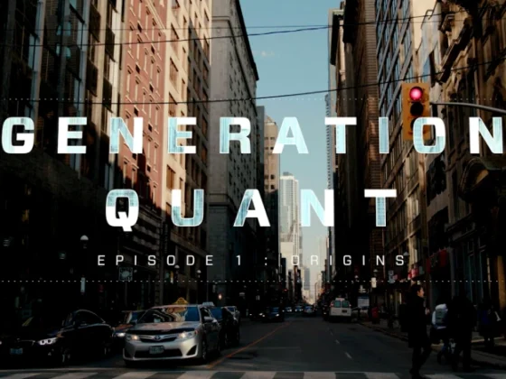 Generation Quant, episode 1 still frame. Series title overlayed over the shot of a Toronto road with tall buildings either side.