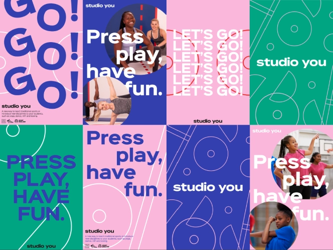8 examples from our style guide. 1. Pink background with large blue copy on top saying 'GO! GO! GO!' 2. Blue background with two circular photos of women exercising. White copy overlays saying 'Press play. Have fun.' 3. Pink background with thin, red circles. White copy over the top saying 'LET'S GO' six times. 4. Green background with thin, white line, geometric shapes overlayed. White copy in the centre saying 'studio you' 5. Green background with two thin, white line geometric shapes. Blue large copy is in the centre, saying 'PRESS PLAY, HAVE FUN.' 6. Pink background with thin white lines and circles. Blue copy on top saying 'Press play, have fun' 7. Blue background with thin, geometric pink shapes. In the centre it says 'studio you' in white 8. Pink background with two circular photos of women exercising. White copy overlays saying 'Press play. Have fun.'