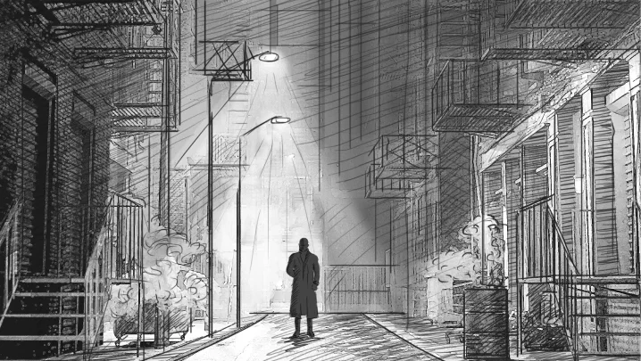Black and white style frame showing a silhouette of the main character standing in the middle of a modern New York street.