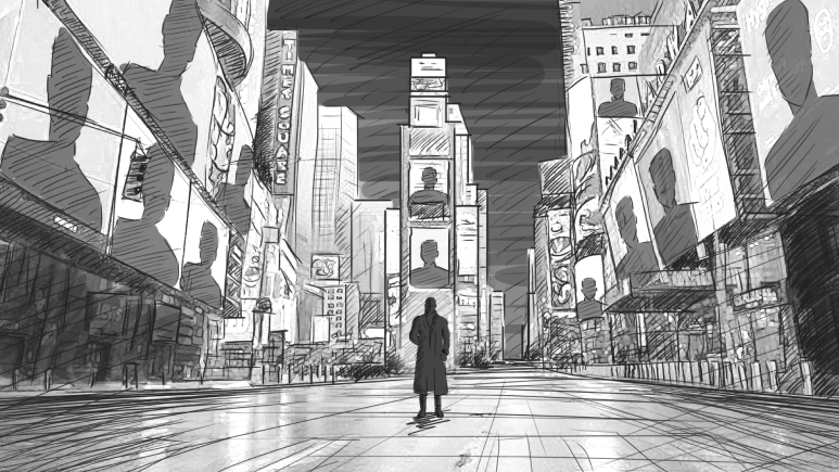 Black and white style frame showing a silhouette of the main character standing in the middle of Times Square, with a video of him appearing on all the screens.