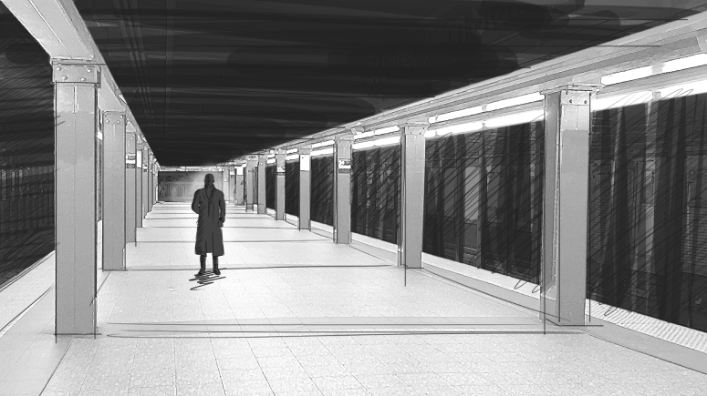 Black and white style frame showing a silhouette of the main character standing on an empty New York subway train platform.