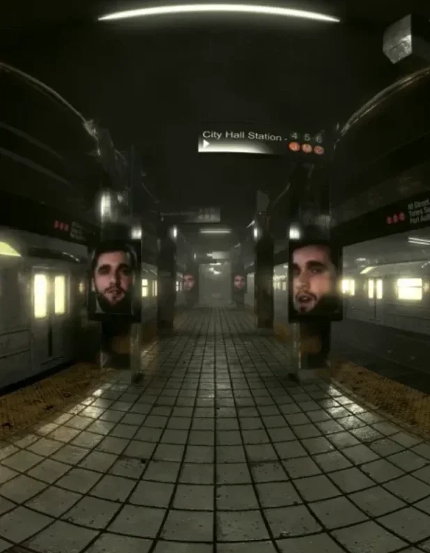 Still frame from final VR experience, showing a New York subway station with the main character's face on all the advertisement screens.