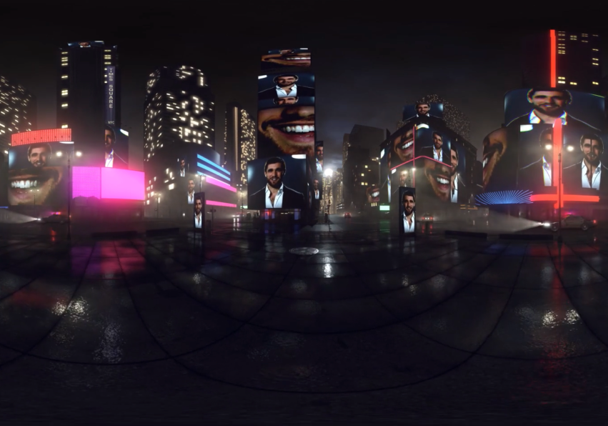 Still frame from final VR experience, of Times Square at night in the rain, with a video of the main character on all the screens.
