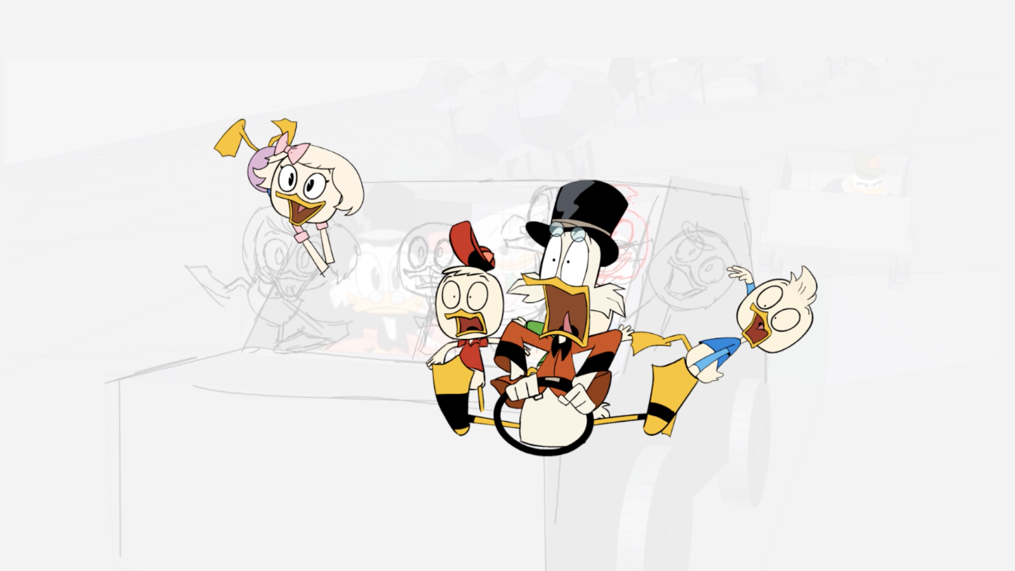 More developed storyboard frame from DuckTales 360 video, of the same car jump scene. Faint sketch of the characters sat in their car, with a coloured overlay of the characters in their 'jump' positions.