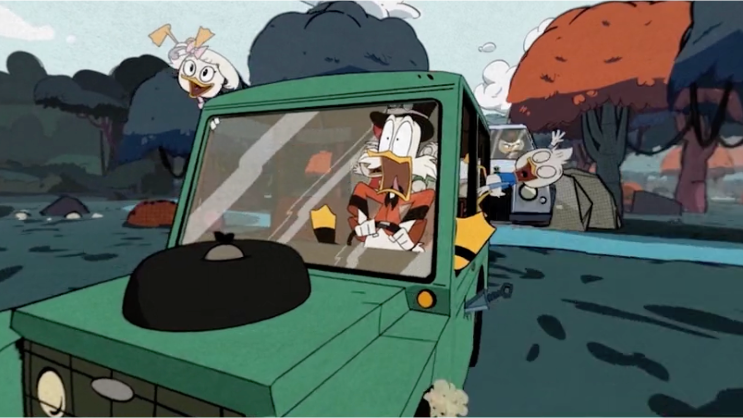 Still frame from final DuckTales 360 animation car jump scene: full colour, shading and background detail.